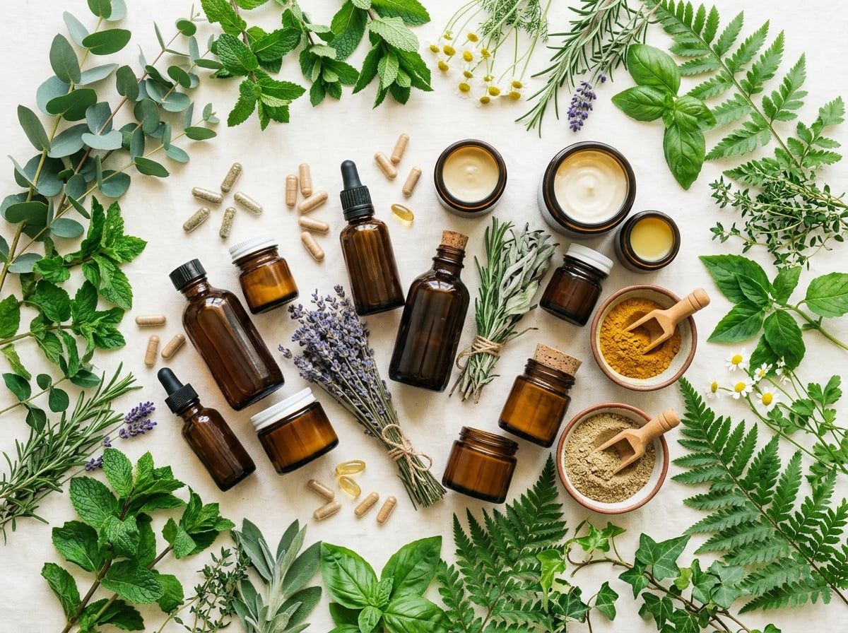 An assortment of natural herbal wellness products with fresh botanicals